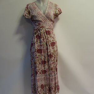 WOMENS BLOOMINGDALE'S BROWN MAUVE WHITE PINK FLORAL WRAP MIDI DRESS M *